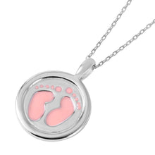 Load image into Gallery viewer, Rhodium Plated Sterling Silver Round Necklace with Pink Enamel Foot Print Stamp PendantAnd Chain Length of 16-20 inches