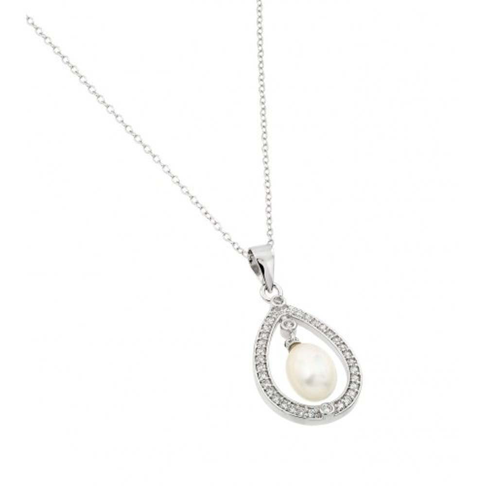 Sterling Silver Rhodium Plated Fresh Water Pearl Surrounded by Clear CZ Pendant Necklace