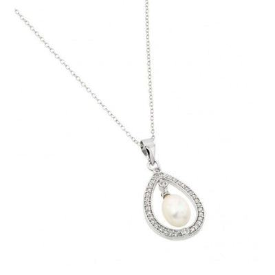 Sterling Silver Rhodium Plated Fresh Water Pearl Surrounded by Clear CZ Pendant Necklace