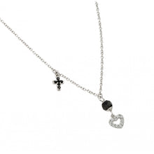 Load image into Gallery viewer, Nickel Free Rhodium Plated Sterling Silver Open Heart Paved CZ Stones with Round Black Diamond Cut CZ Stone and Onyx Cross Necklace