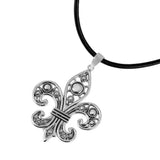 Sterling Silver Rhodium Plated Ornate Fleur De Lis with Leather Cord NecklaceAnd and Adjustable Leather Cord Length of 16-18 Inches