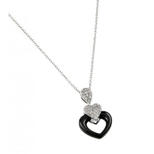 Load image into Gallery viewer, Nickel Free Rhodium Plated Open Heart Black Enamel Necklace with Heart and Pear Paved CZAnd Heart Dimension of 15MMx25MM