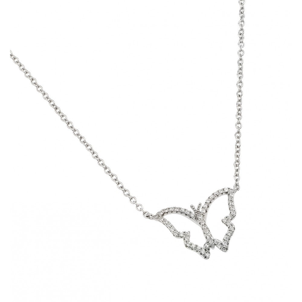 Nickel Free Rhodium Plated Sterling Silver Elegant Open Butterfly Necklace with Clear CZ Stones and Chain Length of 14  Plus 2  Extension