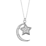Sterling Silver Rhodium Plated Necklace with Paved Cz Moon and Star PendantAnd Spring Clasp ClosureAnd Length of 17