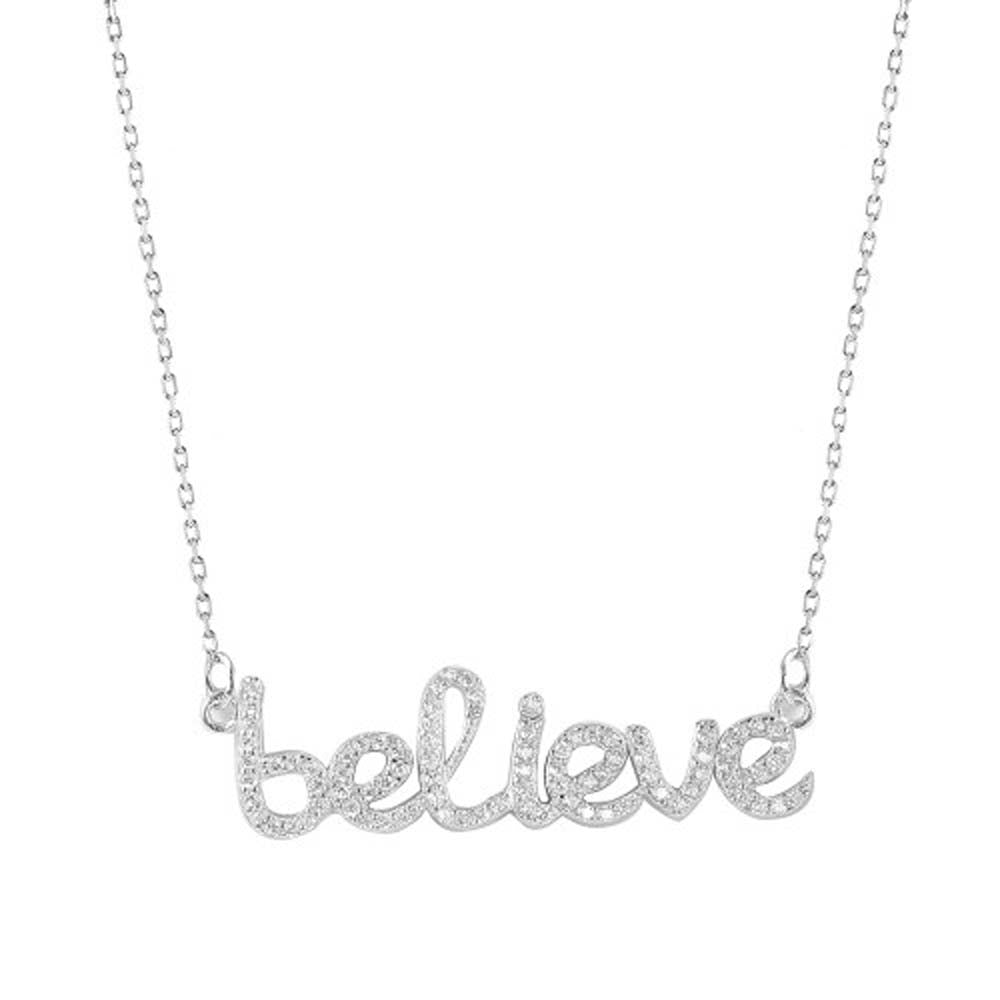 Sterling Silver Rhodium Plated Necklace with Paved Cz Believe PendantAnd Spring Clasp ClosureAnd Length of 16  with 2  extension