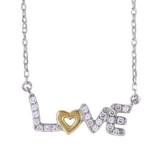 Load image into Gallery viewer, Sterling Silver Rhodium Plated Necklace with Two-Toned Fancy Love Pendant Inlaid with Clear Cz StonesAnd Lobster Clasp ClosureAnd Length of 16  with 2  extension