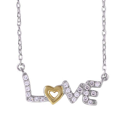 Sterling Silver Rhodium Plated Necklace with Two-Toned Fancy Love Pendant Inlaid with Clear Cz StonesAnd Lobster Clasp ClosureAnd Length of 16  with 2  extension