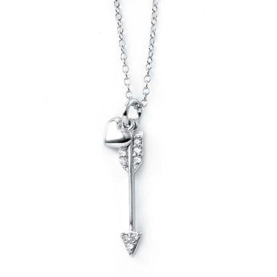 Sterling Silver Rhodium Plated Necklace with Heart and Arrow Pendant Inlaid with Clear Cz StonesAnd Spring Clasp ClosureAnd Length of 16  with 2  extension