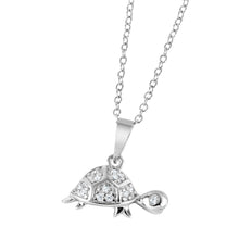 Load image into Gallery viewer, Sterling Silver Rhodium Plated Turtle Charm Neclace with Clear CZ Stones InlayAnd Spring Ring Clasp and Chain Length of 16  Plus 1  Extension