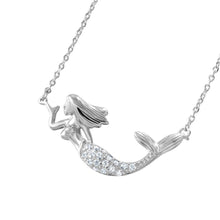 Load image into Gallery viewer, Sterling Silver Rhodium Plated Mermaid  Necklace Paved with Clear CZ StonesAnd Spring Ring Clasp and Chain Length of 16  Plus 2  Extension