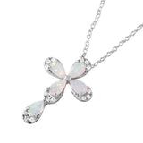 Sterling Silver Rhodium Plated Fancy Cross Necklace Paved with Clear CZ Stones and Pear Synthetic Opal StoneAnd Spring Ring Clasp and  Chain Length of 16  Plus 2  Extension