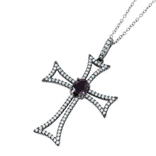 Load image into Gallery viewer, Sterling Silver Black Rhodium Plated Celtic Cross Necklace with Clear CZ and Black Oval Stones InlayAnd Chain Length of 16-18 Inches