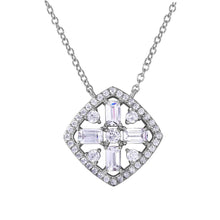 Load image into Gallery viewer, Rhodium Plated Sterling Silver Diamond Shaped Necklace with Round and Baguette CZ in the CenterAnd Chain Length of 16-18 inches and Spring Ring Clasp