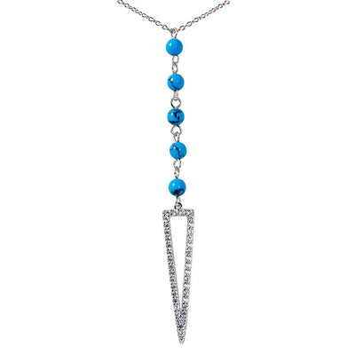 Sterlish Silver Rhodium Plated Fashionable Open Triangle Drop Necklace with Turquoise Beads in CZ InlaysAnd Lobster Claw Clasp