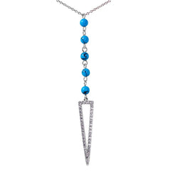 Sterlish Silver Rhodium Plated Fashionable Open Triangle Drop Necklace with Turquoise Beads in CZ InlaysAnd Lobster Claw Clasp