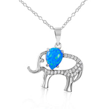 Load image into Gallery viewer, Rhodium Plated Sterling Silver Stylish Elephant Necklace with Clear CZ Stones and Synthetic Blue Opal Pear InlayAnd Spring Ring Clasp