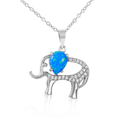 Rhodium Plated Sterling Silver Stylish Elephant Necklace with Clear CZ Stones and Synthetic Blue Opal Pear InlayAnd Spring Ring Clasp