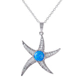 Rhodium Plated Sterling Silver Stylish Starfish Necklace with Clear CZ Stones and Synthetic Blue Opal Round InlayAnd Spring Ring Clasp and Adjustable Chain Length of 16-18 inches