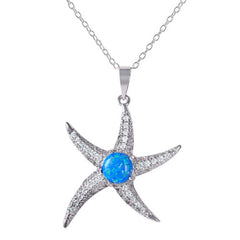 Rhodium Plated Sterling Silver Stylish Starfish Necklace with Clear CZ Stones and Synthetic Blue Opal Round InlayAnd Spring Ring Clasp and Adjustable Chain Length of 16-18 inches