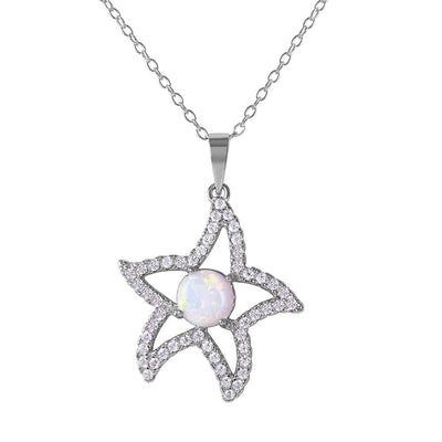 Rhodium Plated Sterling Silver Stylish Open Starfish Necklace with Clear CZ Stones and Synthetic White Opal Round InlayAnd Spring Ring Clasp and Adjustable Chain Length of 16-18 inches
