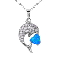 Load image into Gallery viewer, Rhodium Plated Sterling Silver Clear CZ Stone Paved Dolphin with Synthetic Heart Blue Opal NecklaceAnd Pendant Dimension of 21MMx12MM and Springring Clasp