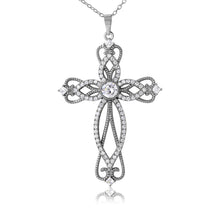 Load image into Gallery viewer, Sterling Silver Rhodium Plated Fashionable Paved Clear CZ Cross Necklace with Intricate Design
