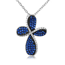 Load image into Gallery viewer, Sterling Silver Black and Clear Rhodium Plated Cross Necklace Paved with Blue and Clear CZ StonesAnd Spring Ring Clasp