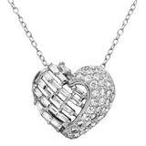 Sterling Silver Rhodium Plated 2 Sided Baguette CZ Stones Heart Necklace