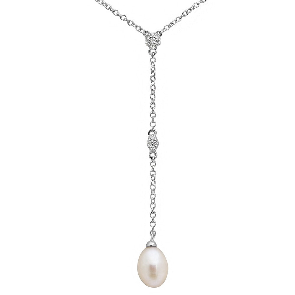 Sterling Silver Rhodium Plated CZ Drop Fresh Water Pearl Necklace
