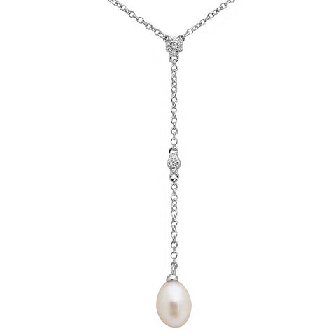 Sterling Silver Rhodium Plated CZ Drop Fresh Water Pearl Necklace