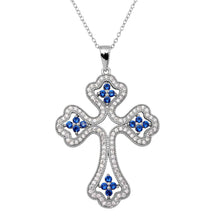 Load image into Gallery viewer, Sterling Silver Rhodium Plated Clear And Blue CZ Encrusted Open Cross Necklace