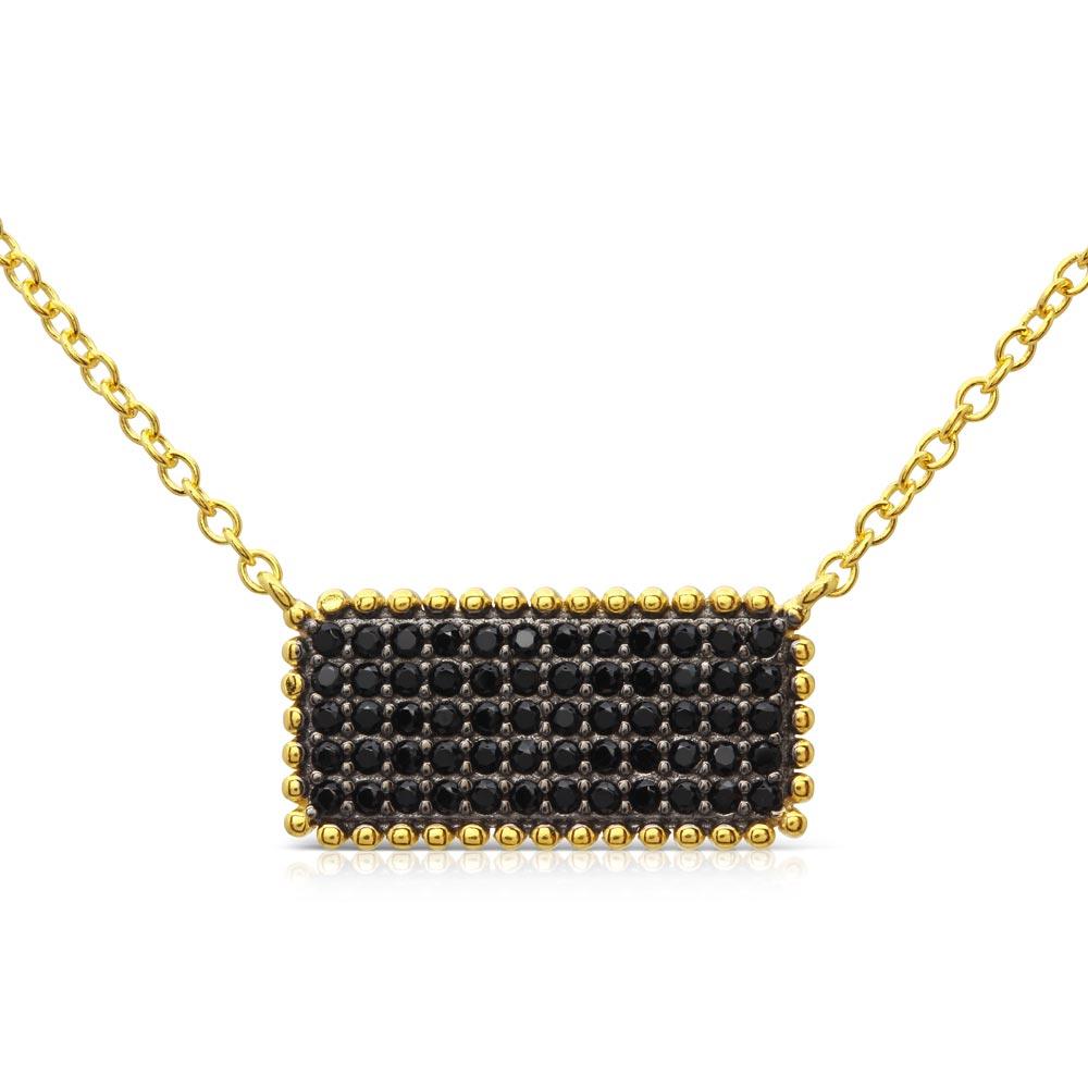 Sterling Silver Gold and Black Rhodium Plated Rectangle Bar with Black CZ Necklace