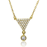 Sterling Silver Rhodium Plated CZ Encrusted Triangle Shape Necklace With Dangling Stone