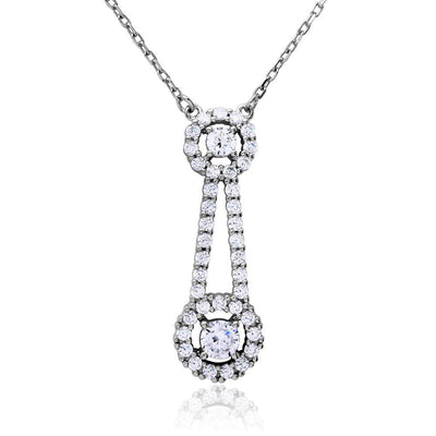 Sterling Silver Rhodium Plated Double Halo Drop CZ Necklace