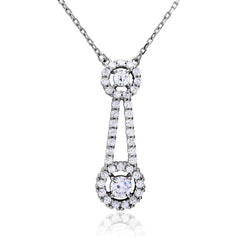 Sterling Silver Rhodium Plated Double Halo Drop CZ Necklace