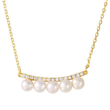 Load image into Gallery viewer, Sterling Silver Curved Bar with CZ and Hanging Fresh Mother of Pearl Necklace
