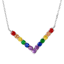 Load image into Gallery viewer, Sterling Silver Rhodium Plated Thick V Shaped Rainbow Multi Color CZ Necklace