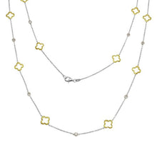 Load image into Gallery viewer, Sterling Silver Gold and Rhodium Plated Open Clover and Round CZ Long Necklace
