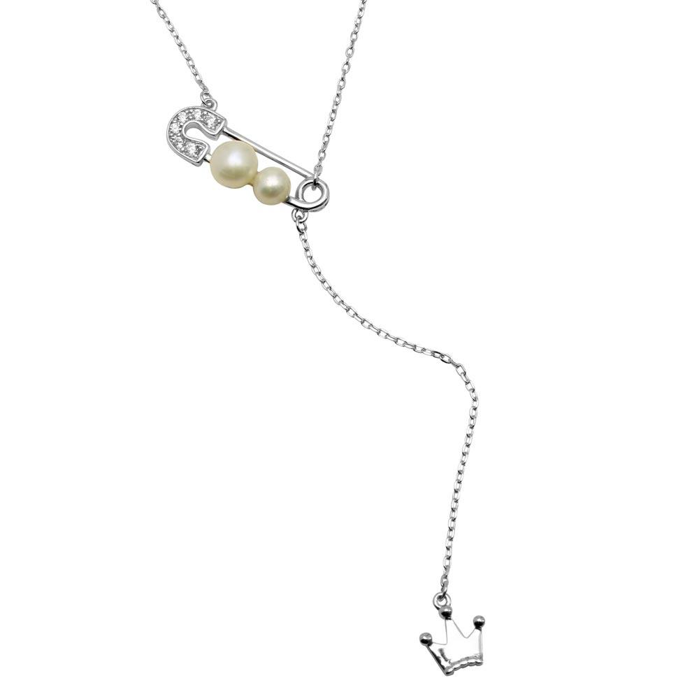 Sterling Silver Rhodium Plated CZ Pin With Fresh Water Pearl Dropped Crown Necklace