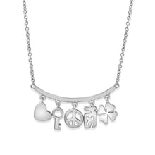 Load image into Gallery viewer, Sterling Silver Rhodium Plated Slanted Line Bar Necklace with Dangling Charms