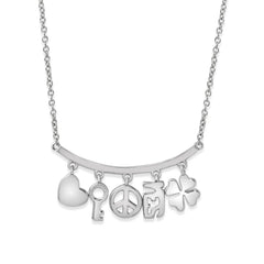 Sterling Silver Rhodium Plated Slanted Line Bar Necklace with Dangling Charms