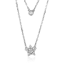 Load image into Gallery viewer, Sterling Silver Rhodium Plated Double Strand Round CZ and CZ Star Necklace