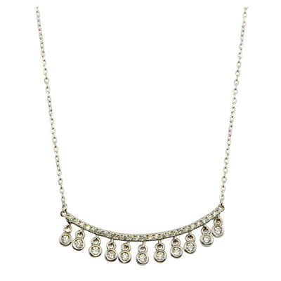 Sterling Silver Rhodium Plated Curved Bar Necklace with Dangling CZ Stones