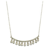 Sterling Silver Rhodium Plated Curved Bar Necklace with Dangling CZ Stones