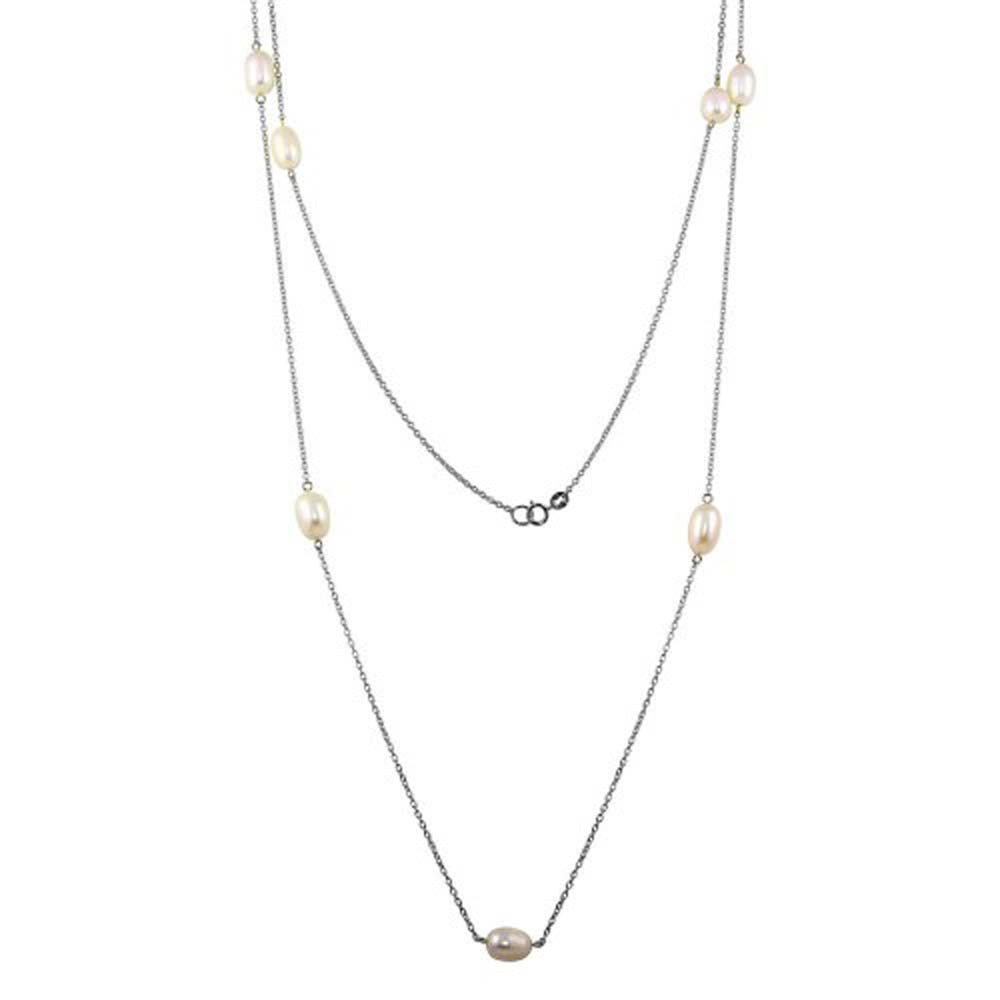 Sterling Silver Rhodium Plated Fresh Water Pearls Necklace