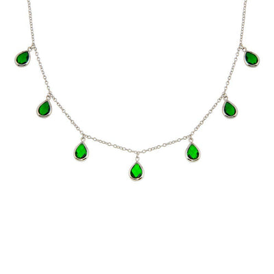 Sterling Silver Rhodium Plated Dangling Green CZ Teardrop Necklace