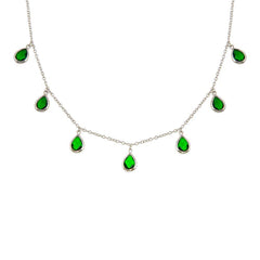 Sterling Silver Rhodium Plated Dangling Green CZ Teardrop Necklace