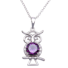 Load image into Gallery viewer, Sterling Silver Rhodium Plated Purple CZ Owl Necklace