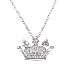 Sterling Silver Rhodium Plated Crown Pendant Necklace with CZ
