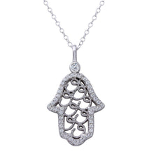 Load image into Gallery viewer, Sterling Silver Rhodium Plated Hamsa Hand CZ Border Necklace